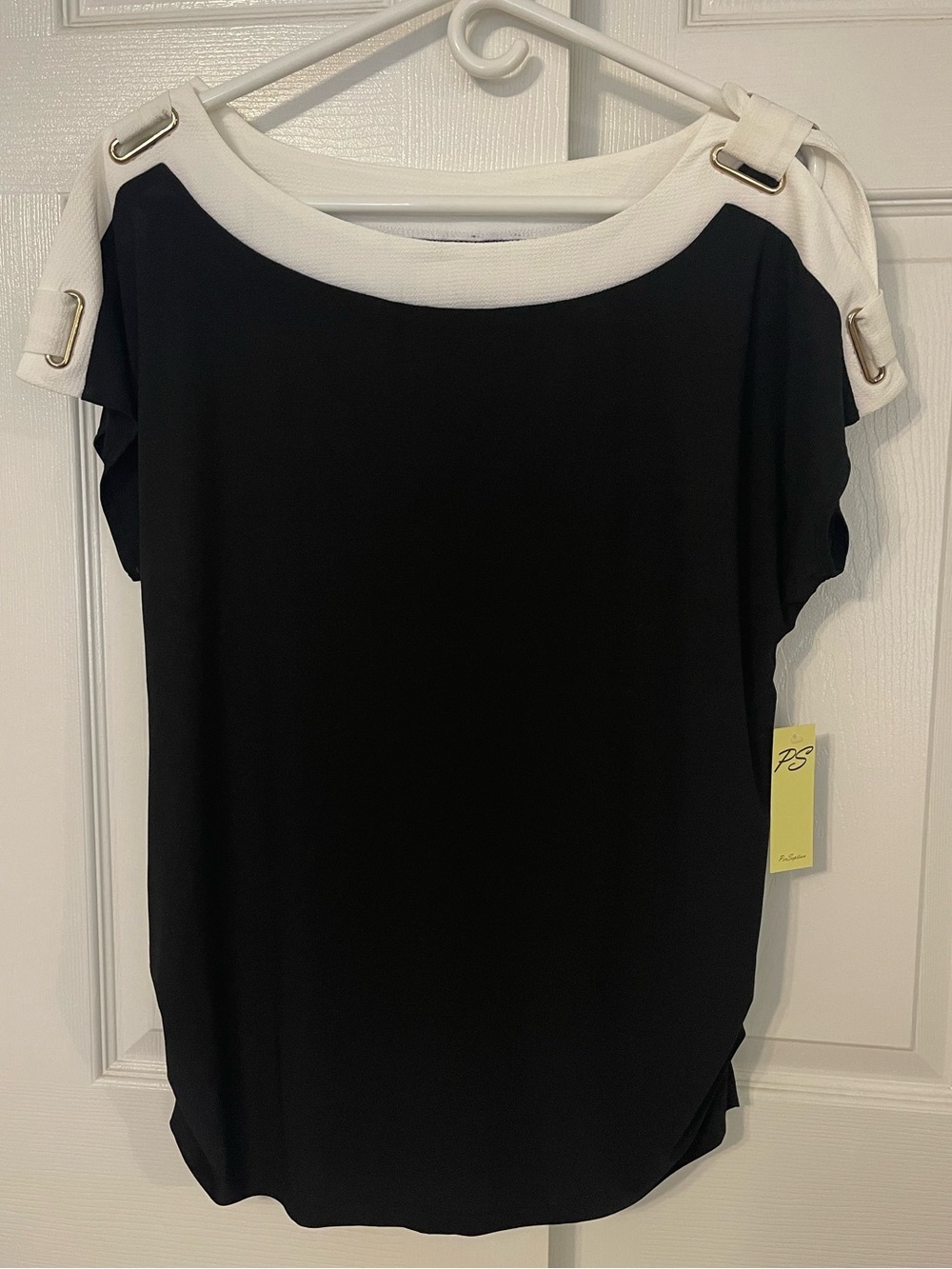 PerSeption Concept Black and Ivory Boatneck Top with Grommet Straps